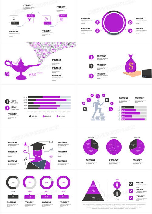 40页淡紫信息可视化图表集PPT模板下载指南 熊猫办公与物流信息咨询的完美结合